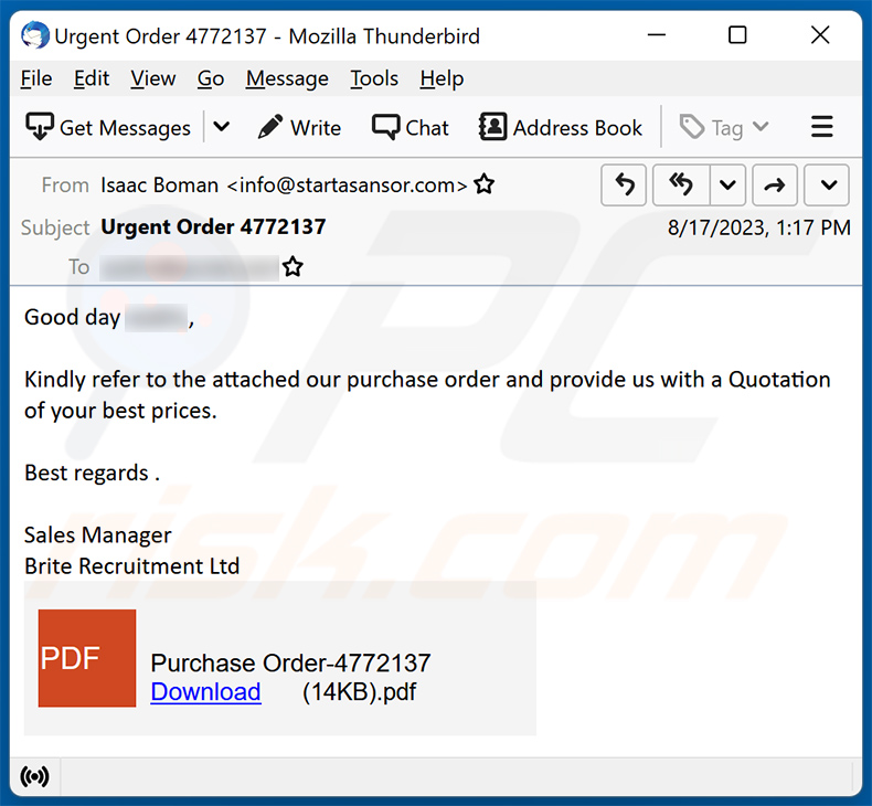 Purchase Order email scam (2023-08-22)