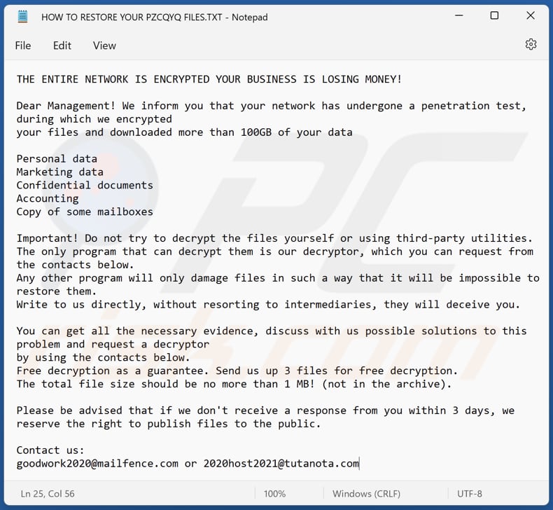 Pzcqyq ransomware text file (HOW TO RESTORE YOUR PZCQYQ FILES.TXT)
