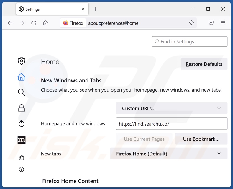 Removing find.searchu.co from Mozilla Firefox homepage