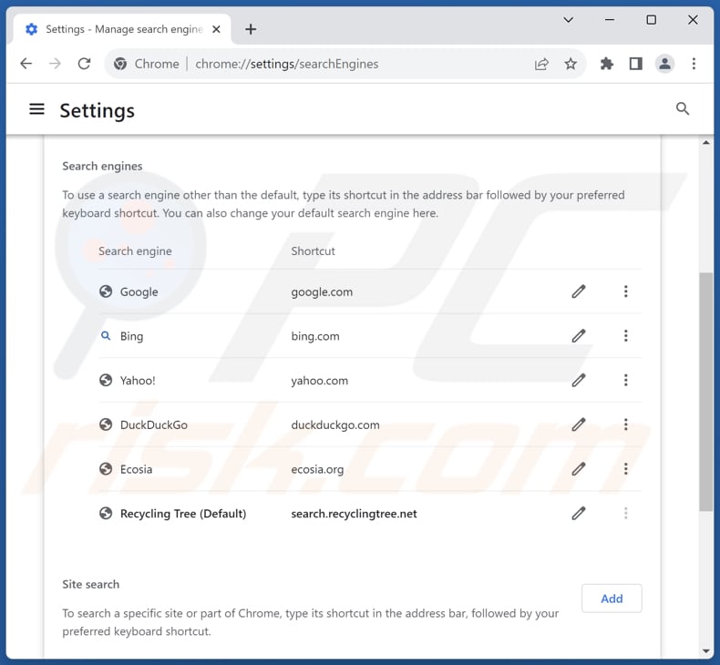 Removing search.recyclingtree.net from Google Chrome default search engine