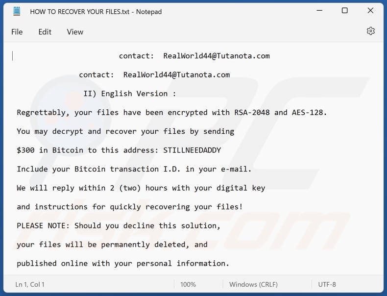 Retch ransomware ransom note (HOW TO RECOVER YOUR FILES.txt)