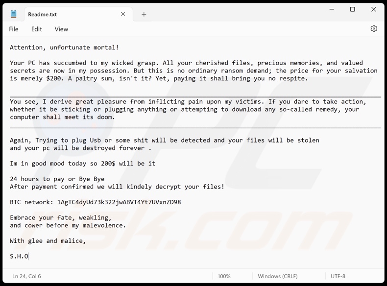 S.H.O ransomware ransom note (Readme.txt)