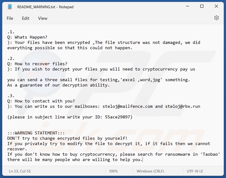 Steloj ransomware ransom note (README_WARNING.txt)