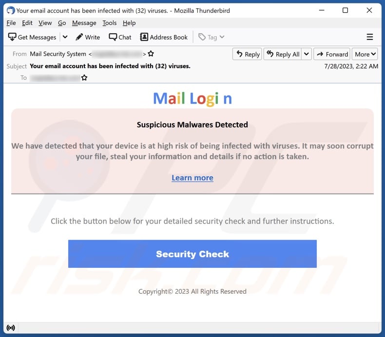 Suspicious Malwares Detected email spam campaign