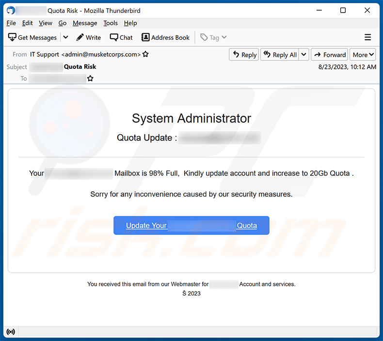 System Administrator Quota Update email scam (2023-08-25)