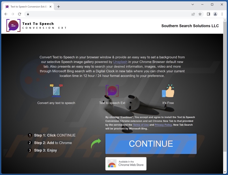 Website used to promote Text to Speech Conversion browser hijacker