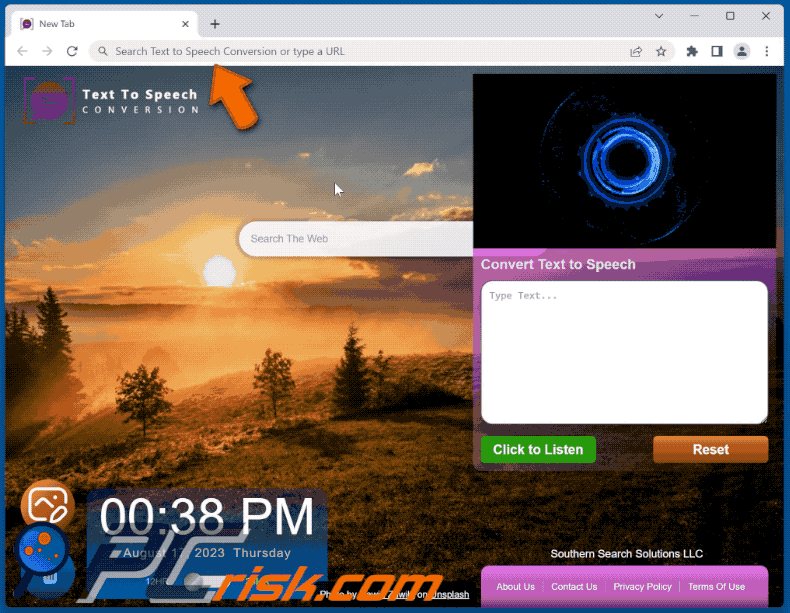 Text to Speech Conversion browser hijacker redirecting to Bing (GIF)