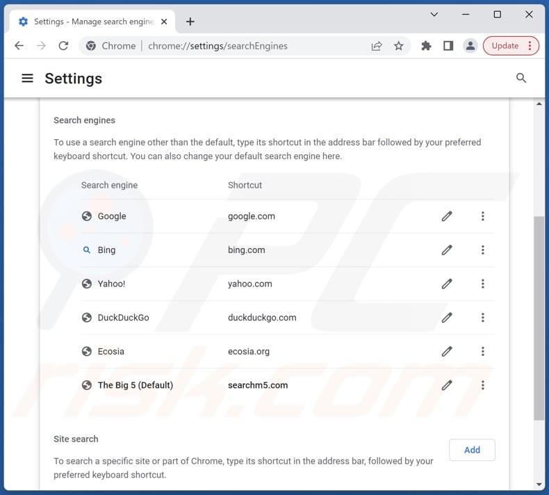 Removing searchm5.com from Google Chrome default search engine