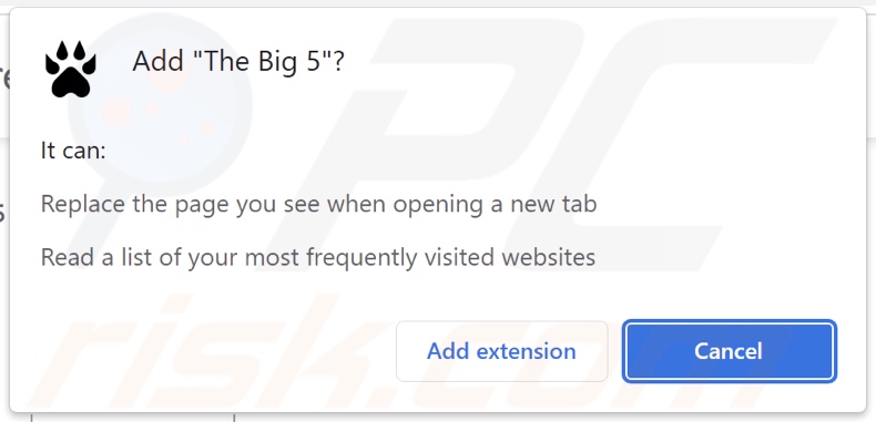 The Big 5 browser hijacker asking for permissions