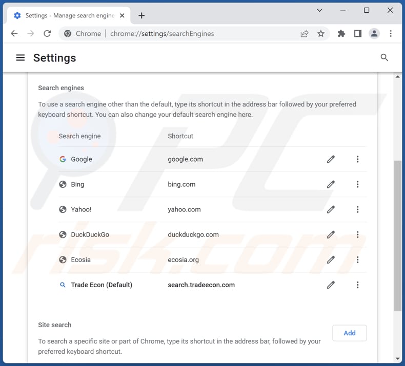 Removing search.tradeecon.com from Google Chrome default search engine