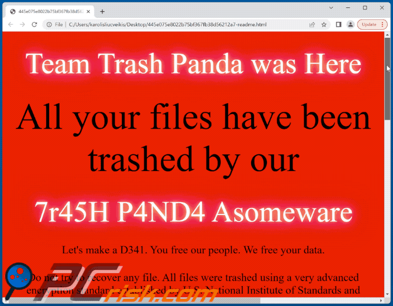 Trash Panda ransomware ransom note ([random_string]-readme.html) GIF