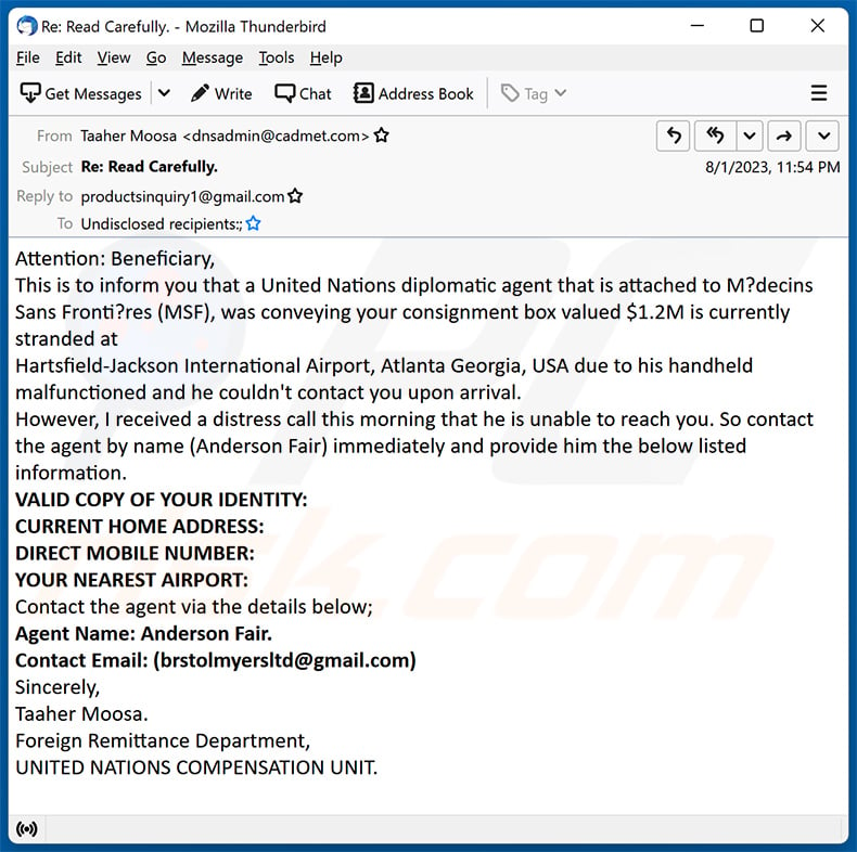United Nations - Abandoned Shipment email scam (2023-08-11)