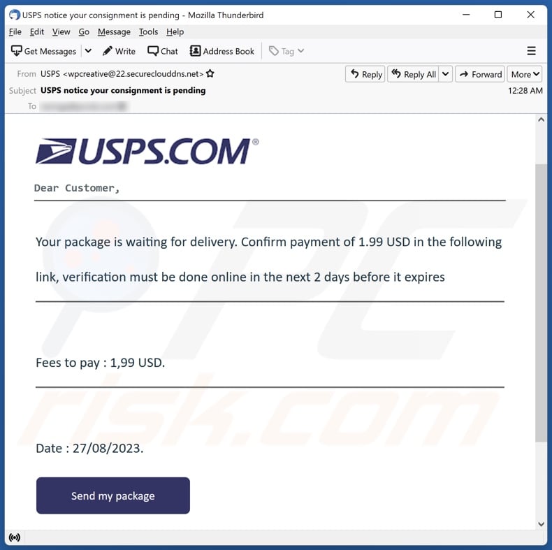 USPS - Your Package Is Waiting For Delivery email spam campaign
