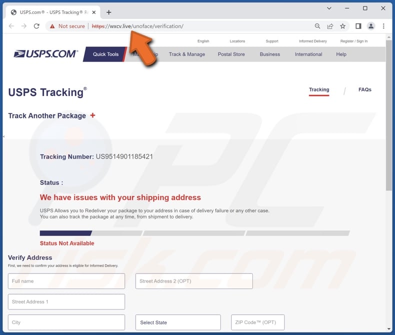 USPS - Your Package Is Waiting For Delivery scam email promoted phishing site