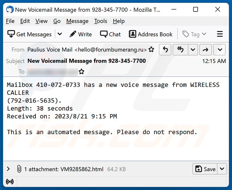 Voicemail-themed spam email (2023-08-22)