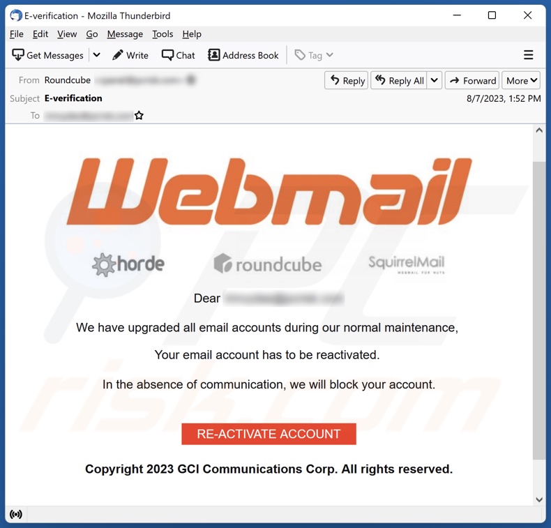 Webmail Account Upgrade email spam campaign