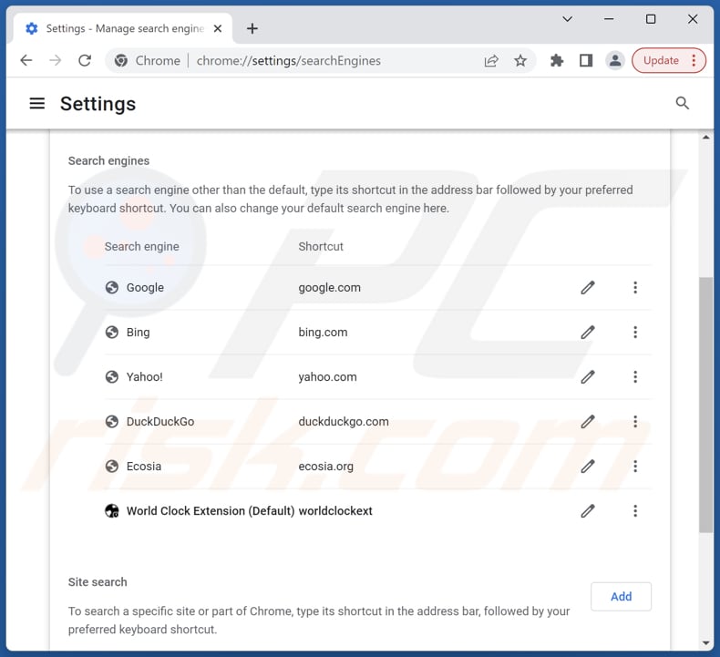 Removing worldclockext.com from Google Chrome default search engine