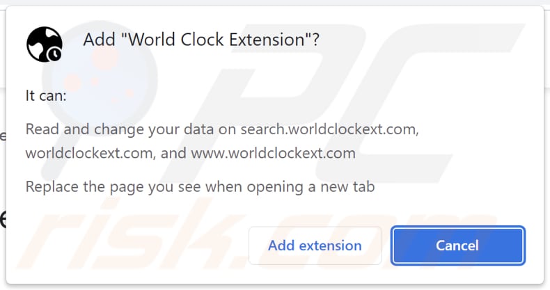 World Clock Extension browser hijacker asking for permissions