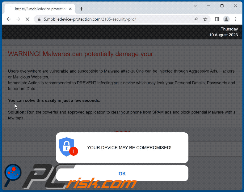 Appearance of YOUR DEVICE MAY BE COMPROMISED scam (GIF)