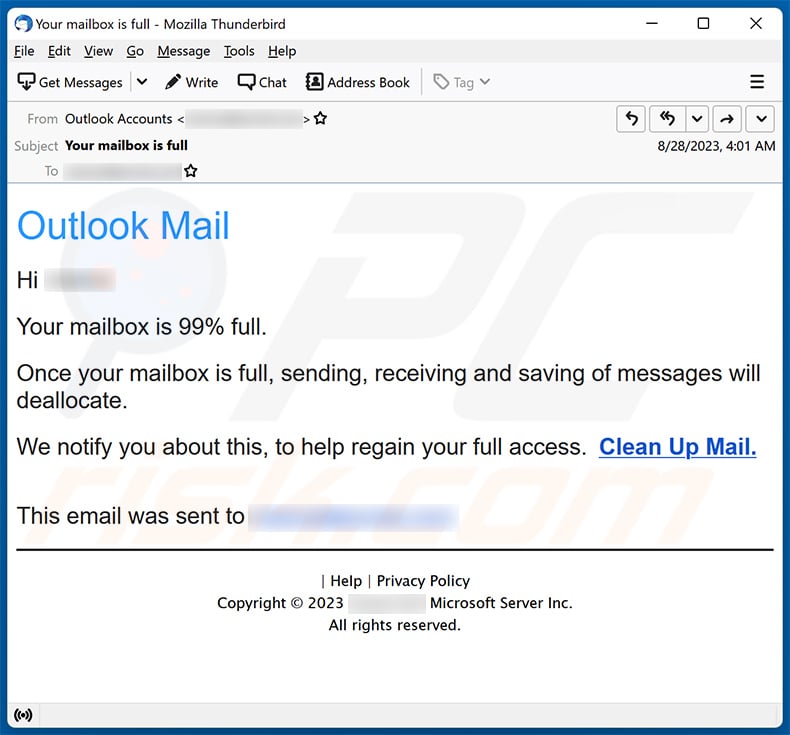 Your Outlook Is Full email scam (2023-08-29)