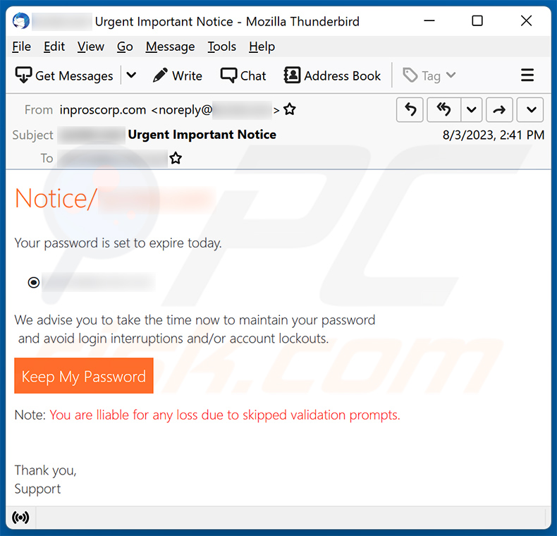 Your Password Is Set To Expire spam email (2023-08-11)