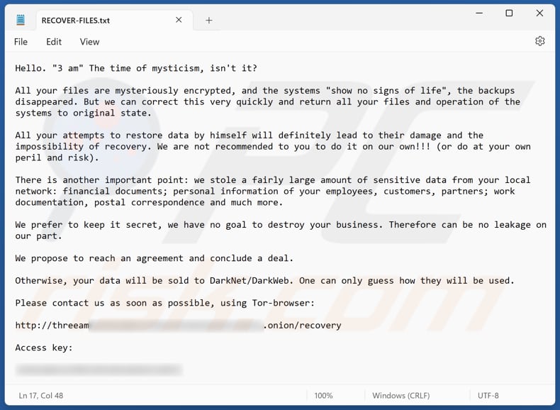 3AM ransomware text file (RECOVER-FILES.txt)