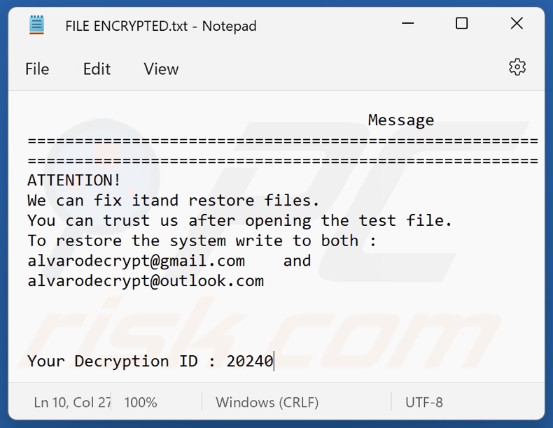 Alvaro ransomware ransom note (FILE ENCRYPTED.txt)