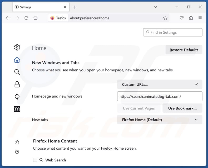 Removing search.animatedbg-tab.com from Mozilla Firefox homepage
