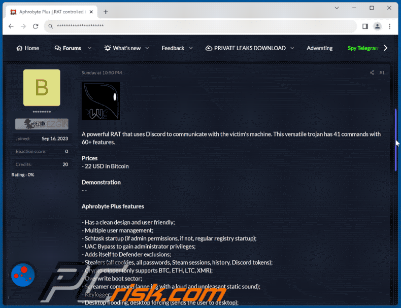 Aphrobyte Plus promoted on a hacker forum