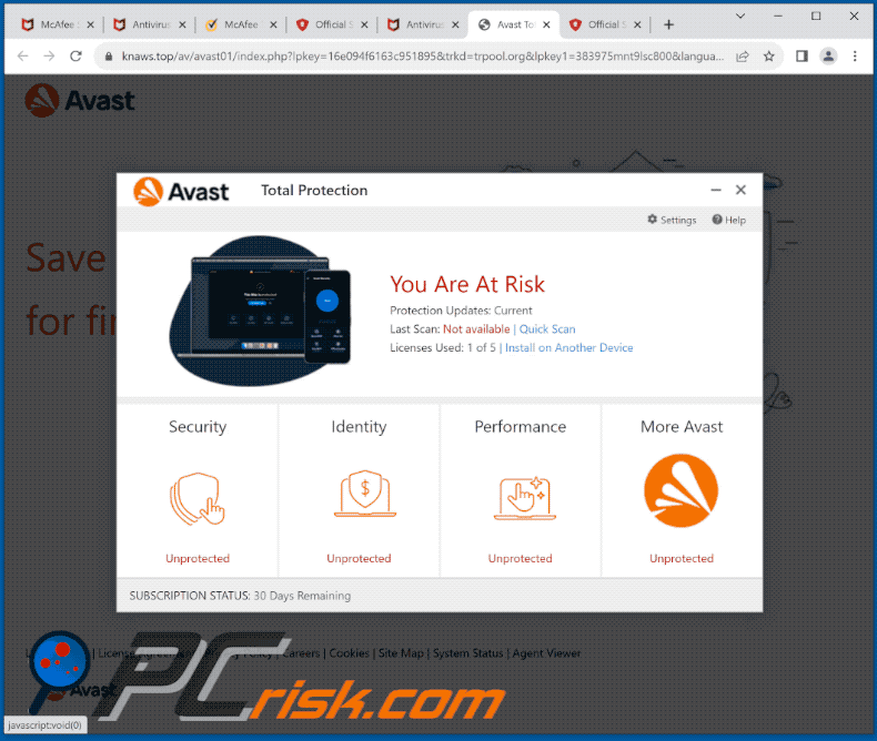 Appearance of Avast - Your PC Is Infected With 5 Viruses! scam