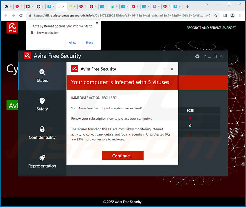 Avira Free Security - Your PC Is Infected With 5 Viruses! POP-UP Scam (2023-09-08)