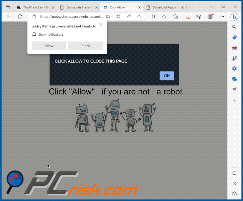 Website on azurewebsites[.]net displaying browser notifications (GIF)