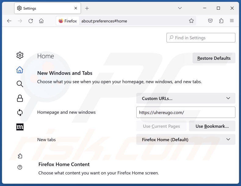 Removing uhereugo.com from Mozilla Firefox homepage