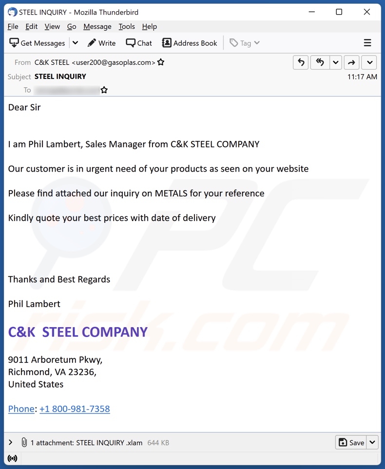 C&K STEEL COMPANY malspam