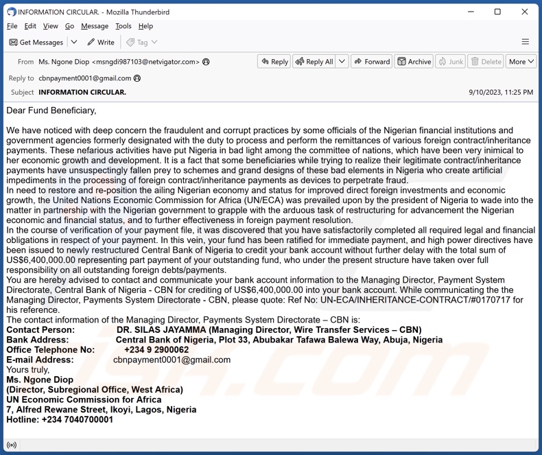 Central Bank Of Nigeria email spam campaign