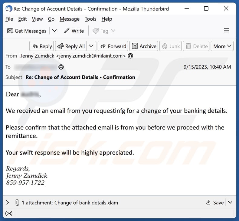 Change Of Your Banking Details malware-spreading email spam campaign