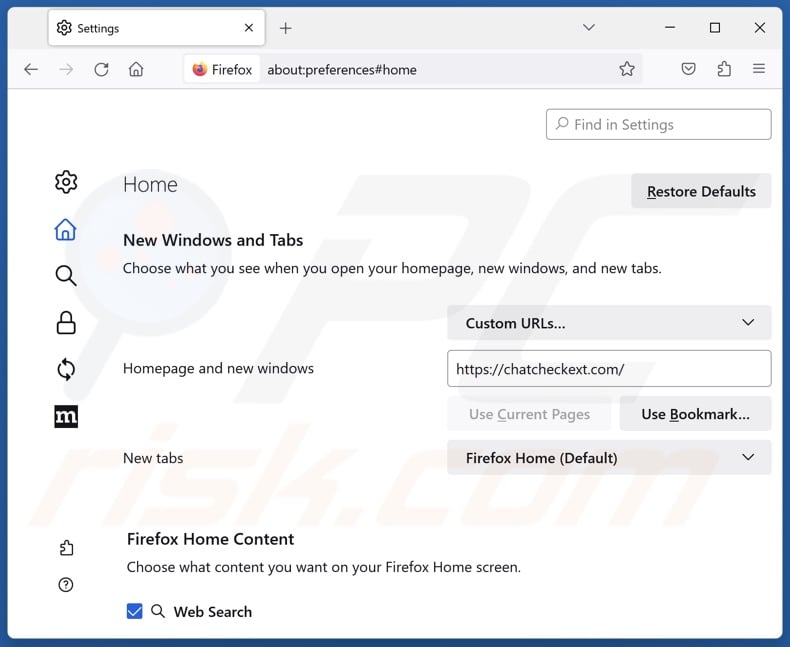 Removing chatcheckext.com from Mozilla Firefox homepage