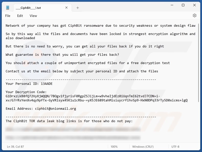 CiphBit ransomware ransom note (____CiphBit____!.txt)