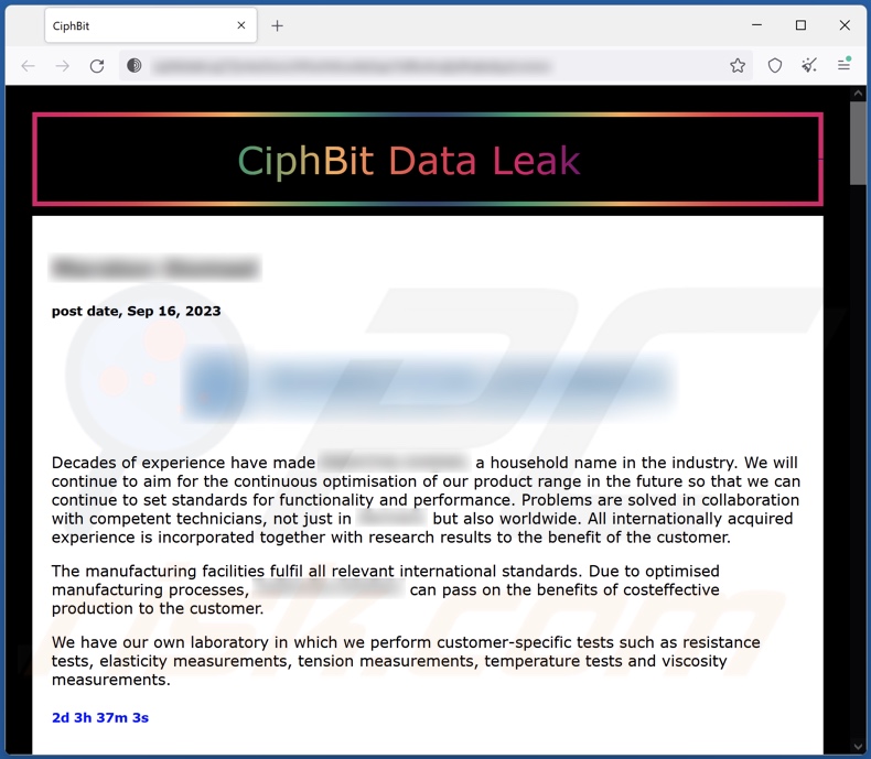 CiphBit ransomware data-leaking website on Tor network