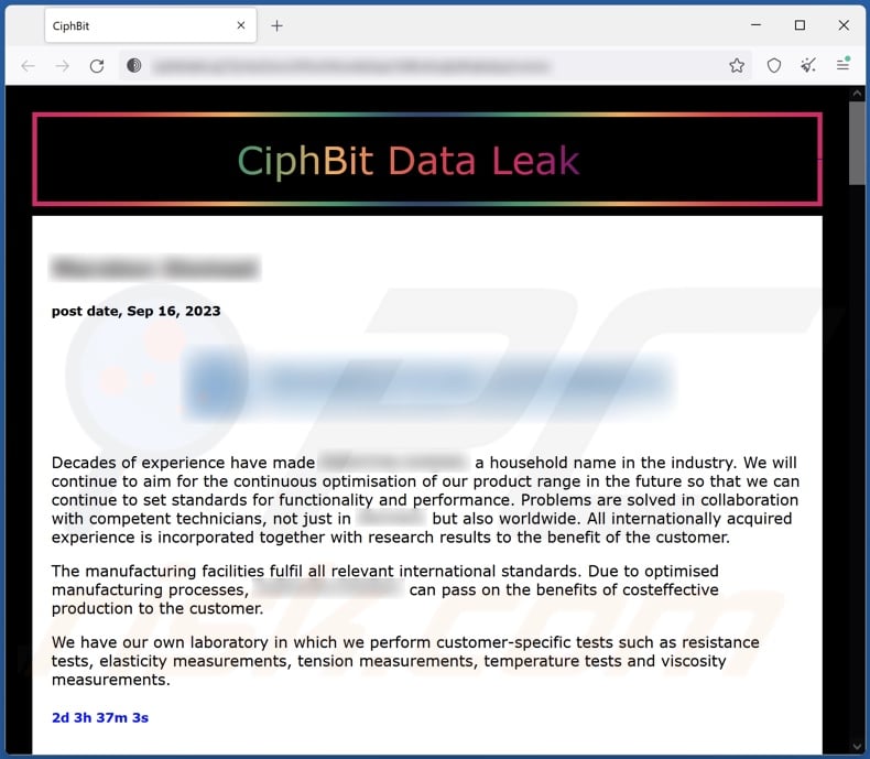 CiphBit ransomware data-leaking website on Tor network