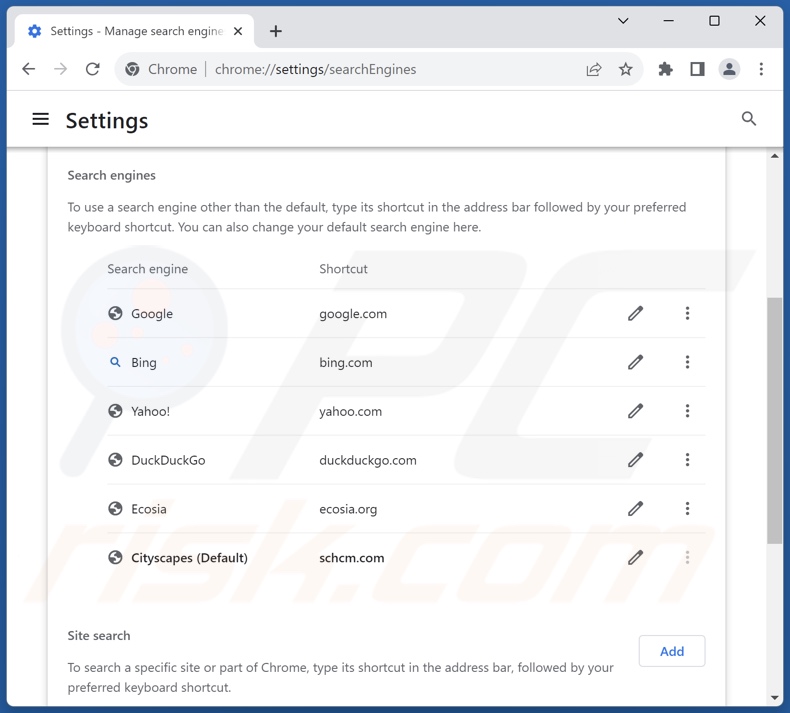 Removing schcm.com from Google Chrome default search engine