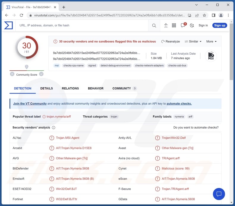 DarkGate malware detections on VirusTotal