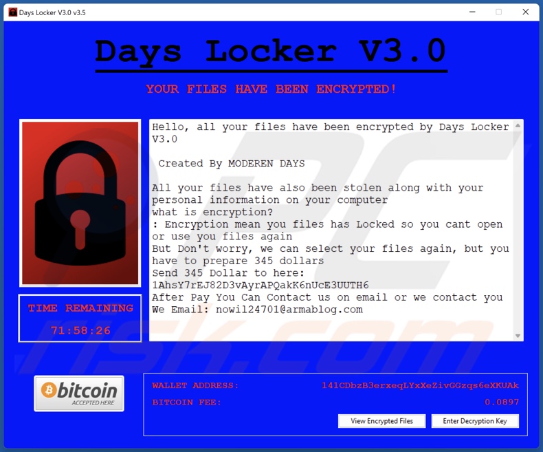 Days Locker ransomware ransom note (pop-up)