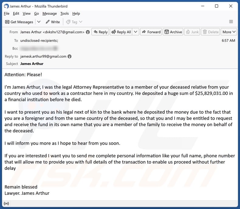 Deceased Relative email spam campaign