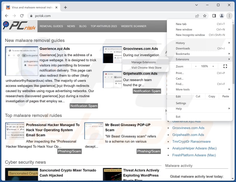 Removing DinornisRobustus malicious extension from Google Chrome step 1