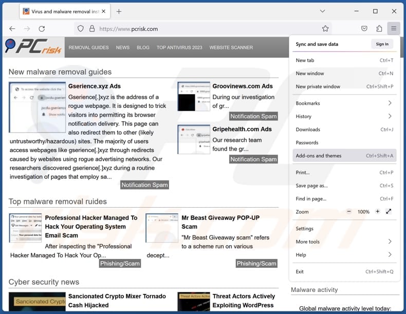 Removing DinornisRobustus malicious extension from Mozilla Firefox step 1