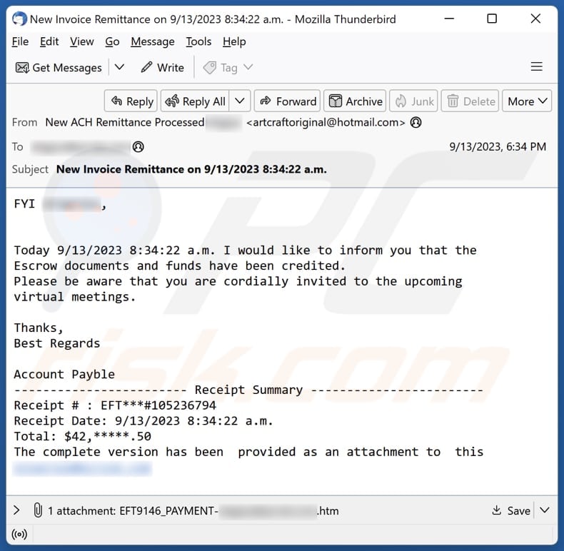 Documents And Funds Have Been Credited phishing campaign