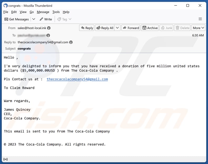 Donation From Coca-Cola email spam campaign