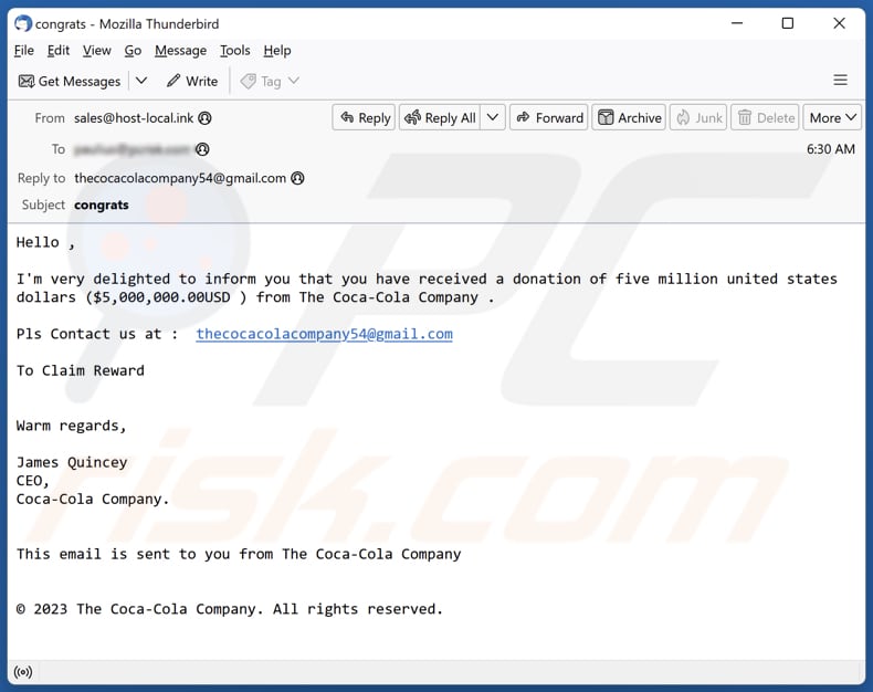 Donation From Coca-Cola email spam campaign