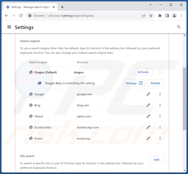 Removing dragonboss.solutions from Google Chrome default search engine